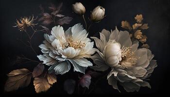 , Close up of blooming flowerbeds of amazing white and golden flowers on dark moody floral textured background. Photorealistic effect. photo