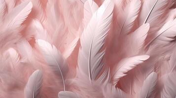 , Beautiful light pink closeup feathers, photorealistic background. Small fluffy pink feathers randomly scattered forming photo