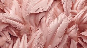 , Beautiful light pink closeup feathers, photorealistic background. Small fluffy pink feathers randomly scattered forming photo