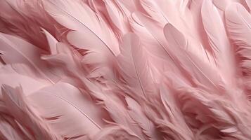 , Beautiful light pink closeup feathers, photorealistic background. Small fluffy pink feathers randomly scattered forming photo