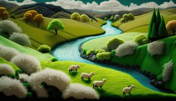 , cute farm landscape made of crochet with trees, river, green grass. Dreamy agricultural scene made of wool materials, fabric, yarn, sewing for background photo