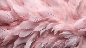 , Beautiful light pink closeup feathers, photorealistic background. Small fluffy pink feathers randomly scattered forming photo