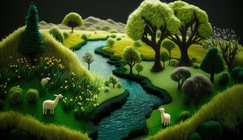 , cute farm landscape made of crochet with trees, river, green grass. Dreamy agricultural scene made of wool materials, fabric, yarn, sewing for background photo