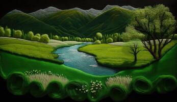 , cute farm landscape made of crochet with trees, river, green grass. Dreamy agricultural scene made of wool materials, fabric, yarn, sewing for background photo