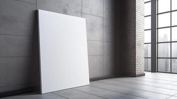 Generative AI, Realistic white poster mock up blank on minimalistic background, artwork template photo