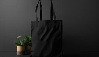 , Realistic black tote canvas fabric bag set-up in at home interior, mug mock up blank. photo