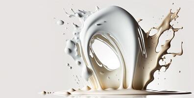 , Flowing liquid with splashes in white color. Glossy cream milk fluid banner, 3D effect, modern macro photorealistic abstract background illustration. photo