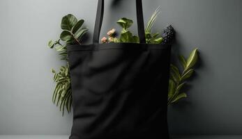 , Realistic black tote canvas fabric bag set-up in at home interior, mug mock up blank. photo