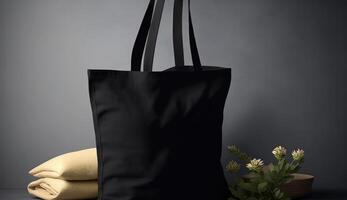 , Realistic black tote canvas fabric bag set-up in at home interior, mug mock up blank. photo