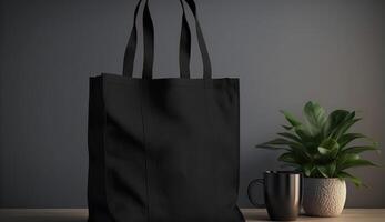 , Realistic black tote canvas fabric bag set-up in at home interior, mug mock up blank. photo