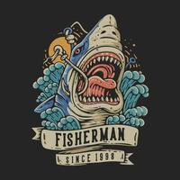 T Shirt Design Fisherman Since 1998 With Hooked Shark Open It Mouth Vintage Illustration vector