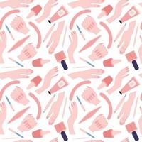 Vector manicure seamless pattern in nude shades. Flat style manicure tools and woman hands pattern on white background