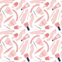 Vector manicure seamless pattern in nude shades. Flat style manicure tools and woman hands pattern on white background