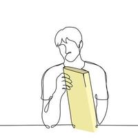 man examines a board, checks the quality of wood - one line drawing vector. concept buy wood, craft vector