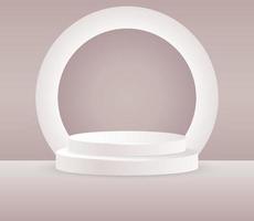 Round white stage podium illuminated with light. Festive podium scene for award ceremony on white, brown background. Vector white pedestal for product presentation.