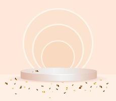 Round light podium on peach backlit background with light and confetti . Vector white pedestal for product presentation.3d podium.