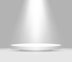 Round white stage podium illuminated with light. Vector white pedestal for product presentation.3d podium on the background of a concrete wall