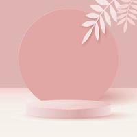 Minimalistic stage with a round podium. A cylindrical podium against a background of soft postel tones with paper leaves. vector