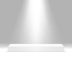 Rectangular white stage podium illuminated with light. Stage vector backdrop. Festive podium scene for award ceremony on white, grey background.