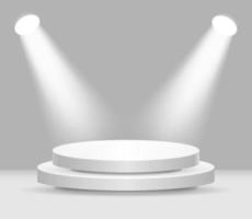 Round white stage podium illuminated with light. Vector white pedestal for product presentation.3d podium on the background of a concrete wall