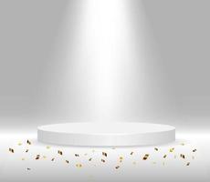 Round white stage podium illuminated with light. 3d podium on the background of a concrete wall. Vector white pedestal for product presentation.