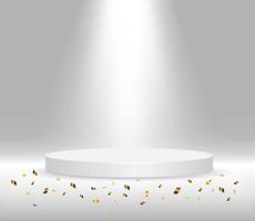 Round white stage podium illuminated with light. 3d podium on the background of a concrete wall. Vector white pedestal for product presentation.