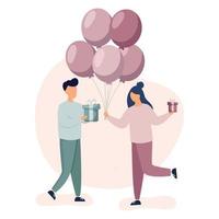 Woman and man in love celebrating birthday with gifts and balloon. Valentines Day concept. vector