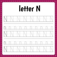 Writing letters. Tracing page. Practice sheet. Worksheet for kids. Learn alphabet. Letter N vector