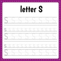 Writing letters. Tracing page. Practice sheet. Worksheet for kids. Learn alphabet. Letter S vector