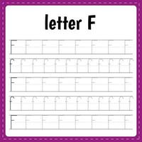 Writing letters. Tracing page. Practice sheet. Worksheet for kids. Learn alphabet. Letter F vector