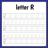Writing letters. Tracing page. Practice sheet. Worksheet for kids. Learn alphabet. Letter R vector