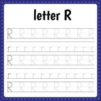 Writing letters. Tracing page. Practice sheet. Worksheet for kids. Learn alphabet. Letter R vector