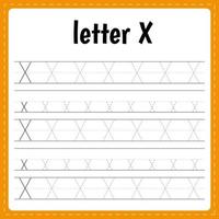 Writing letters. Tracing page. Practice sheet. Worksheet for kids. Learn alphabet. Letter X vector