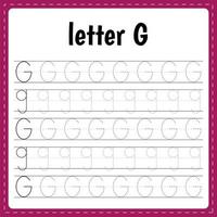 Writing letters. Tracing page. Practice sheet. Worksheet for kids. Learn alphabet. Letter G vector