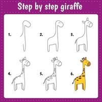 girafee step. Drawing lesson for children.  Drawing tutorial. Step by step repeats the picture. Kids activity art page for book. Vector illustration.