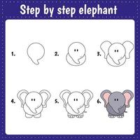 Drawing lesson for children.  Drawing tutorial with elephant  Step by step repeats the picture. Kids activity art page for book. Vector illustration.