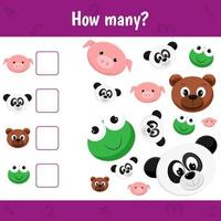 How many animals are there. Count the number of animals. Math worksheet for kids. vector