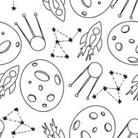 Seamless doodle space background. Rocket, planet in outline illustration. vector