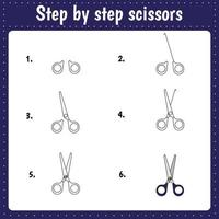 Drawing lesson for children. How draw a scissors. Drawing tutorial. Step by step repeats the picture. vector