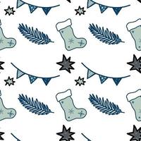 Seamless pattern of vector elements on a Christmas theme. Socks, fir branches, garlands and stars are drawn manually in the vector. Suitable for holiday decor, decoration of invitations, gift paper.