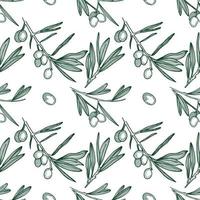 Seamless pattern with olive branches and olives drawn in vector on a white background. Suitable for menu design, kitchen decoration, scrapbooking.