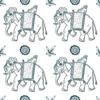 Seamless pattern with an Indian elephant, floral ornaments hand-drawn in vector on a white background. Suitable for textile design, postcards, scrapbooking.