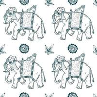 Seamless pattern with an Indian elephant, floral ornaments hand-drawn in vector on a white background. Suitable for textile design, postcards, scrapbooking.