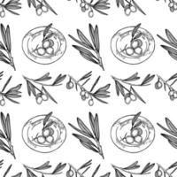 Seamless pattern with olive branches, olives, a plate of olives drawn in vector on a white background. Suitable for menu design, kitchen decoration, scrapbooking.