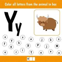 Learning English alphabet. Letters recognition. Color all letters Yy. Educational worksheet for school and kindergarten. Y is for yak. vector