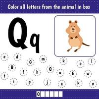 aprendizaje Inglés alfabeto. letras reconocimiento. educativo hoja de cálculo para colegio y jardín de infancia. q es para quokka vector