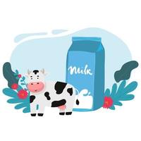 set cute milk product. milk ad template for product display. Milk pack mock-up on a farm island surrounded by white splashing liquid vector