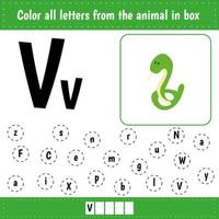 Learning English alphabet. Letters recognition. Color all letters Vv. Educational worksheet for school and kindergarten. V is for viper. vector