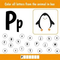 Learning English alphabet. Letters recognition.  Educational worksheet for school and kindergarten. P is for penguin. vector