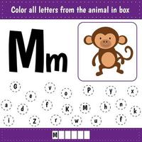 Learning English alphabet. Letters recognition. Color all letters Mm. Educational worksheet for school and kindergarten. M is for monkey. vector